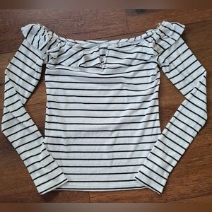 Aero Seriously Soft Blouse Women's Black White Stripe Long Sleeve Stretch Sz L